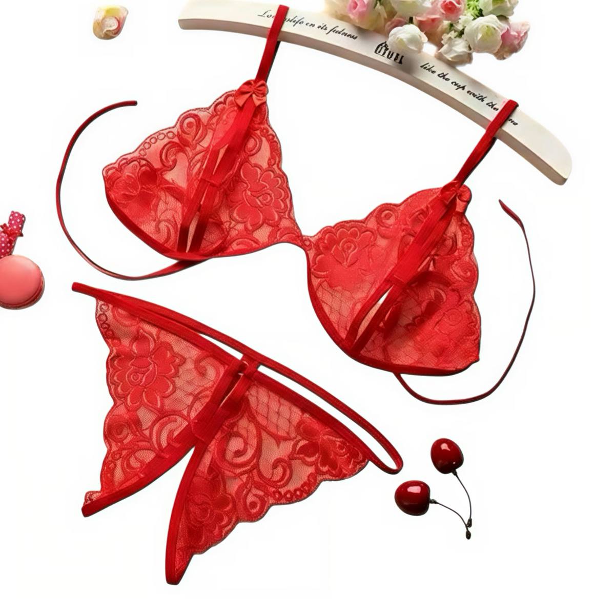 Комплект еротичної білизни з мережива з поясом червоний - Зображення 6