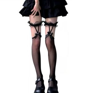 чорні панчохи в сітку з мереживом і бантами, еластичний матеріал
