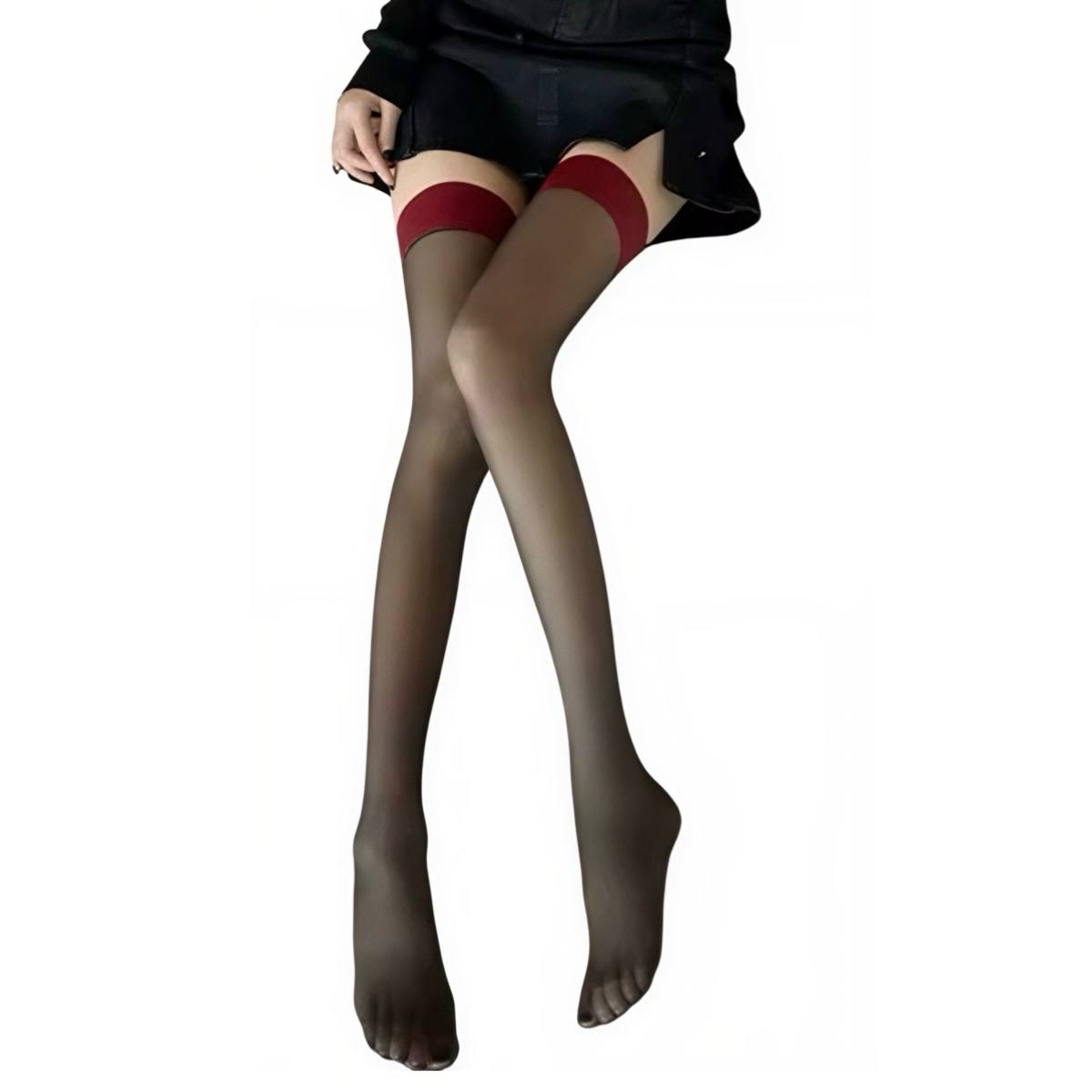 Чорні прозорі панчохи з червоною гумкою - Зображення 2