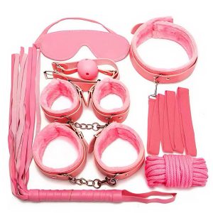 набір для БДСМ 7 предметів рожевий з наручниками та кляпом