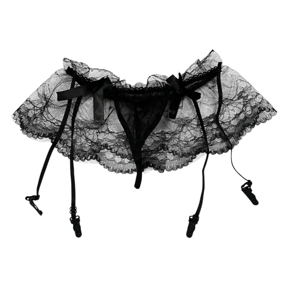 Пояс для панчіх з трусиками чорний мереживний - Зображення 6