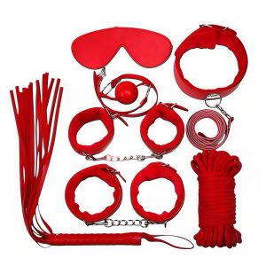 набір для БДСМ 7 предметів червоний з наручниками та кляпом