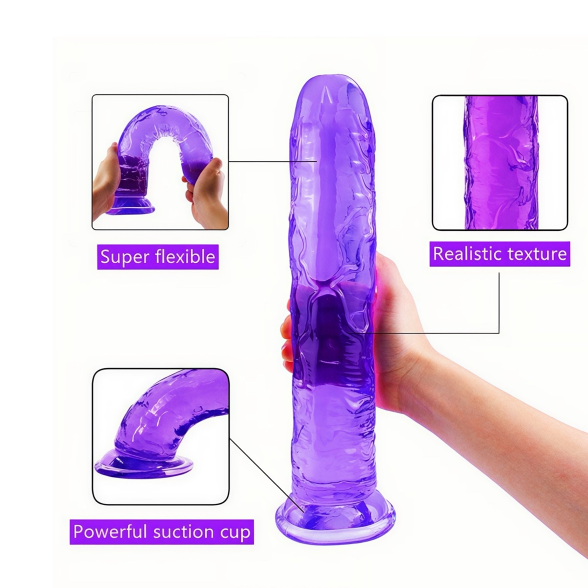 Фалоімітатор фіолетовий прозорий рельєфний з присоскою для вагінального та анального використання, 15 см - Зображення 5
