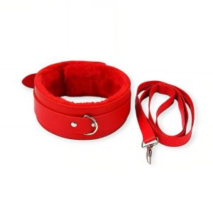 комір-повідець червоний з екошкіри з металевим кільцем і м’якою підкладкою