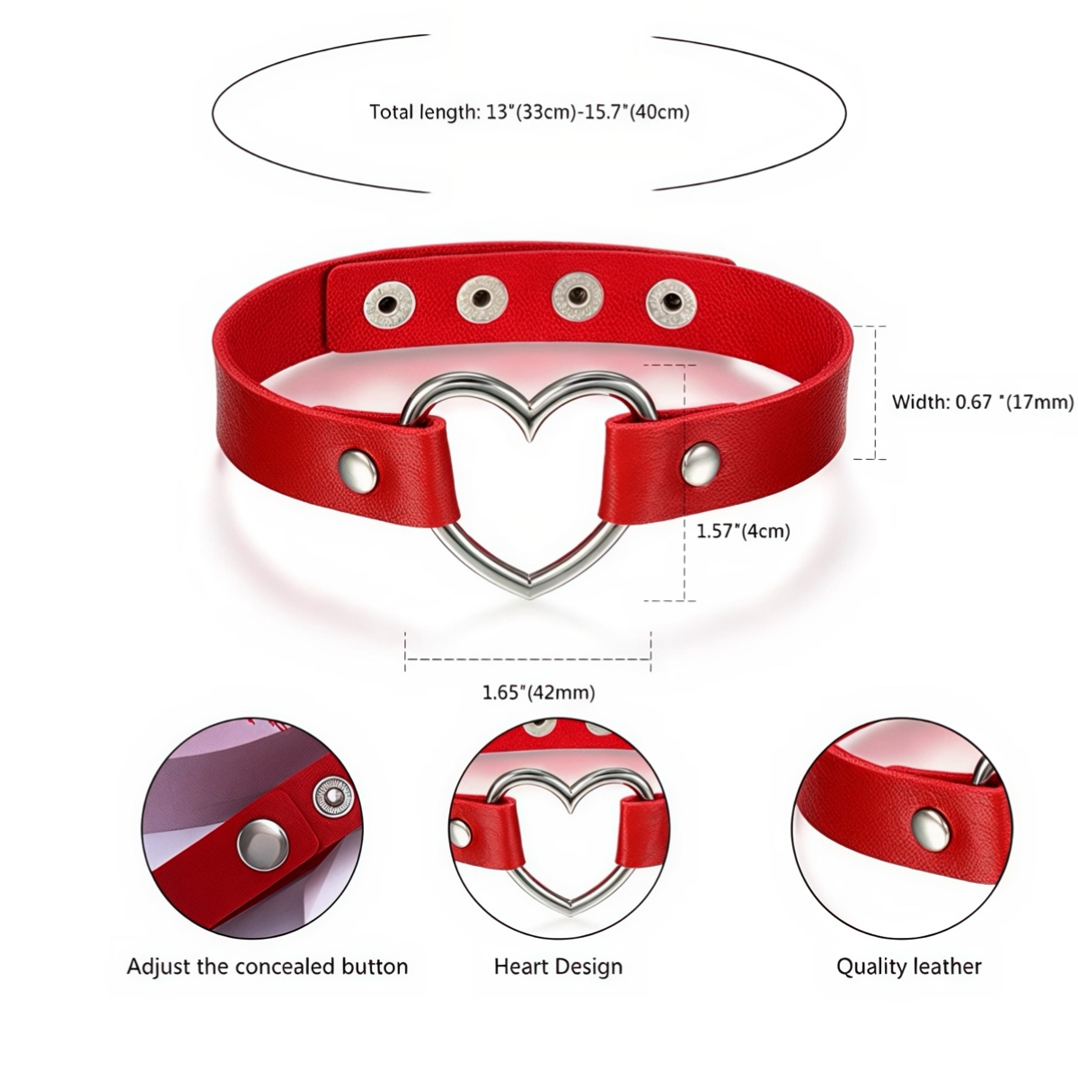 Червоний чокер з еко-шкіри з металевим серцем — изображение 4
