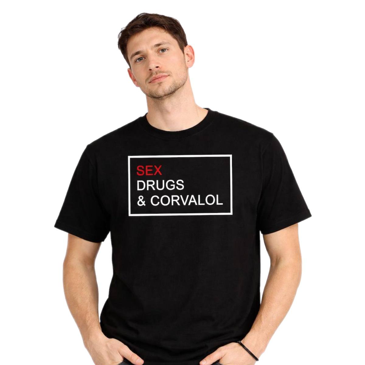 Жіноча чорна футболка з принтом «Sex, Drugs & Corvalol», стрейч кулір, бавовна